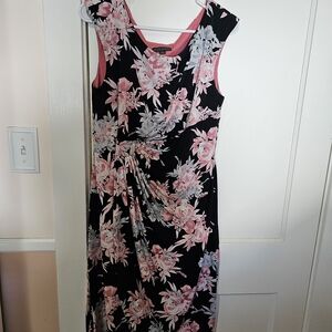 Connected Apparel Black and Pink Floral Midi Dress